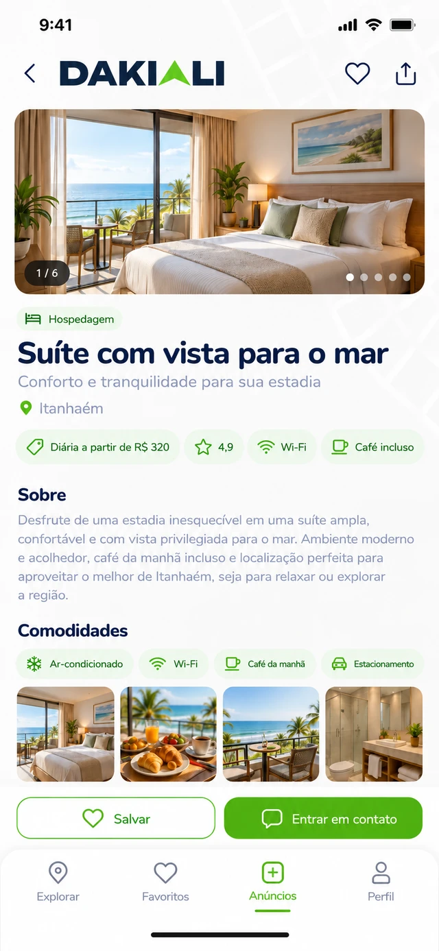 Tela de detalhes de um anúncio de hospedagem, com fotos, comodidades e contato.